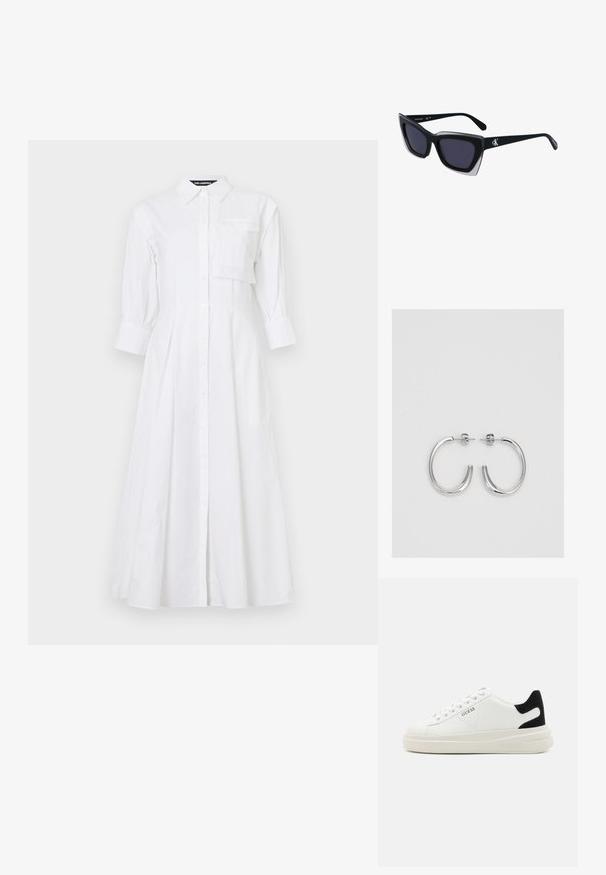 Valge puuvillane kleit, millel on kraega kaelus, pikad puff-sleeved varrukad, rinna tasku ja täiskleit. Nööbiga sulgemine.; Valged nahast tennisetossud paksu valge tallaga, musta sametist kontsakeeuga ja külje peal riigilogo reljeefne kujundus. Lukkeskeem kuue silmaauguga.; Mustad suured mustad prillid geomeetrilise kujuga, tumedate läätsedega ja kontrastse halli detailiga raamidel. Logo käe peal.; Hõbedased rõngaskõrvarõngad, millel on sile ja läikiv pind. Ümar kuju, kerge disain, millel on post-tagumise kinnituse süsteem.