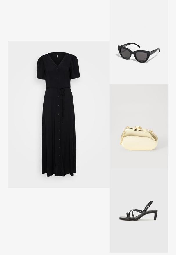 Rochie maxi neagră cu mâneci bufante scurte, decolteu în V, închidere cu nasturi pe față și curea cu nod la talie pentru ajustare.; Sandal cu barete negre, cu vârf pătrat și toc mic de bloc. Prezintă mai multe barete subțiri și o bareta ajustabilă la gleznă. Fabricat din piele netedă.; Ochelari de soare negri, forma cat-eye, cu un finisaj mat, având lentile gri și unghiuri ascuțite, precum și brațe laterale elegante. Numele brandului este vizibil pe brațul interior.; Clutch metalizat de culoare aurie, cu o formă netedă și rotundă, având un închizător tip buton în partea de sus și o curea mică pentru purtare.