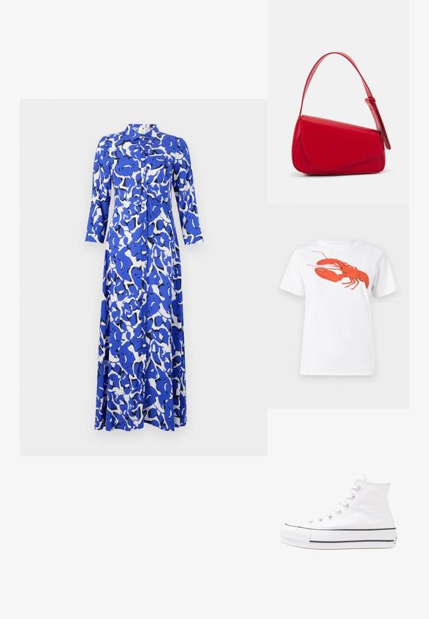 Blå og hvit mønstret kjole med krage, lange ermer, knappelukking og flytende design. Har abstrakte former i varierende nyanser.; Hvit bomull t-skjorte med et stort, lyst rødt hummermotiv på fronten. Korte ermer og standard rund hals-design.; Hvit høy-skinn kanvas sneakers med svart gummisåle, gummitåhette foran og seks hull for snorer, med et rent, minimalistisk design.; Rød lærveske med en vinklet, geometrisk design. Har en enkelt justerbar stropp og en klaffelukking med sydd detaljer.