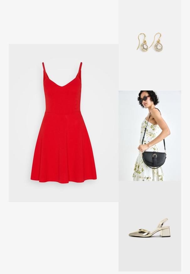 Červené šaty bez rukávov s priliehavým živôtikom a rozšírenou sukňou. Vyrobené z hladkej látky, s plytkým výstrihom do V a nastaviteľnými ramienkami.; Zlaté kovové lodičky na podpätku so špicatou špičkou a robustným podpätkom. Hladký povrch, minimalistický dizajn a úzka remienok.; Čierna kožená kabelka s zaobleným tvarom, odnímateľným popruhom a zlatými doplnkami. Kabelka má klopu s detailom s prackou.; Náušnice zlatého odtieňa s oválnymi čírymi kryštáli obklopenými menšími čírými kameňmi, s háčikovým dizajnom pre bezpečné nosenie.
