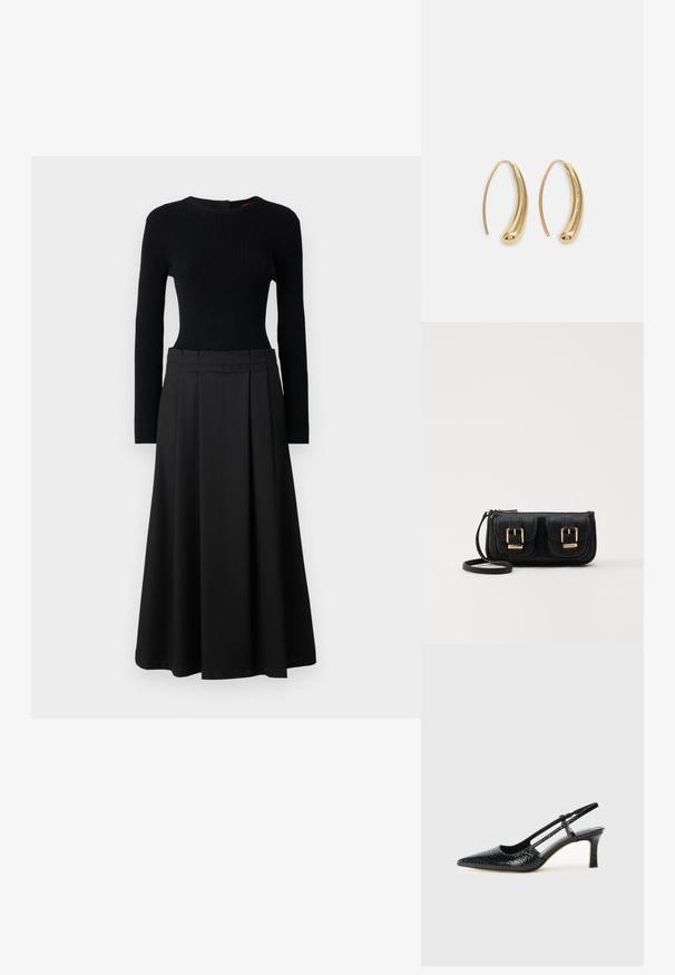 Ensemble noir en deux pièces composé d'un haut à manches longues à côtes et d'une jupe évasée, tous deux en noir uni avec une texture lisse.; Escarpin slingback en vernis noir avec un bout pointu, présentant un imprimé serpent texturé, une sangle réglable et un petit talon bloc texturé.; Sac en cuir noir porté en travers avec deux poches avant, boucles dorées, fermeture zippée et une sangle fine. Surface texturée et forme rectangulaire compacte.; Boucles d'oreilles en métal doré en forme d'anneau, avec une forme courbée et allongée. Elles présentent une surface lisse et brillante avec une pointe arrondie pour un détail supplémentaire.