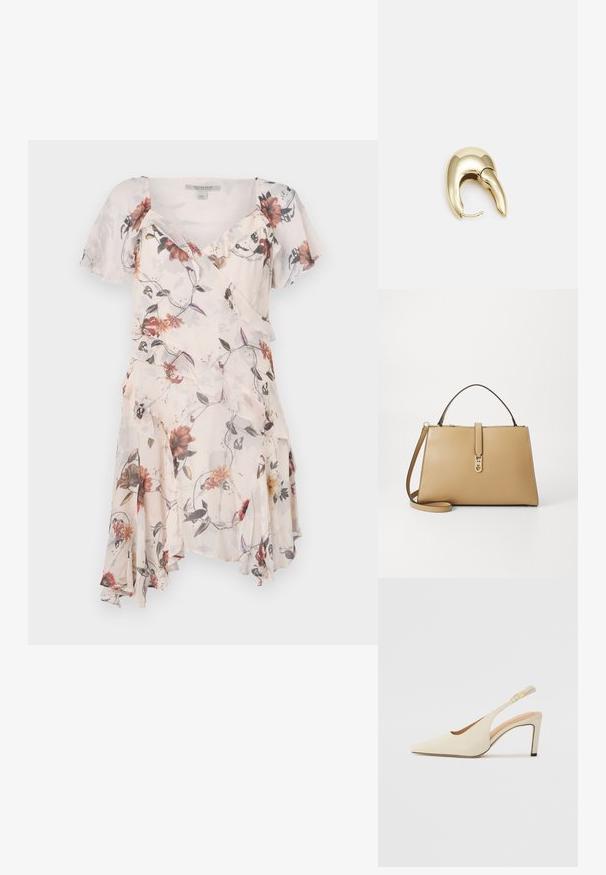 Blomstrete kjole med korte ermer, volangkant og innhyllingsdesign. Materialet ser lett og gjennomsiktig ut, med en pastellfargepalett.; Beige lærremmidheler med spiss tå, åpen sidestruktur og slank høy hæl. Har et gullakcent på stroppen.; Tommy Hilfiger LIBRE SATCHEL - Håndveske - safari; Gullfarget metalløredobber med et elegant, buet design. Har en karakteristisk spiss form, polert overflate og hengsel-lukking.