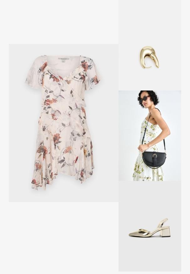 Blommig klänning med korta ärmar, volangsläp och omslagdesign. Materialet verkar lätt och genomskinligt, med en pastellfärgskala.; Guld, metalliska slingback-klackar med spetsig tå och chunky klack. Slät textur, minimalistisk design och en smal rem.; Svart läderhandväska med en böjd form, avtagbar rem och guldiga detaljer. Väskan har ett lock med en spänndetalj.; Örhänge i guldtonad metall med en elegant, böjd design. Har en distinkt spetsig form, polerad yta och gångjärnslås.