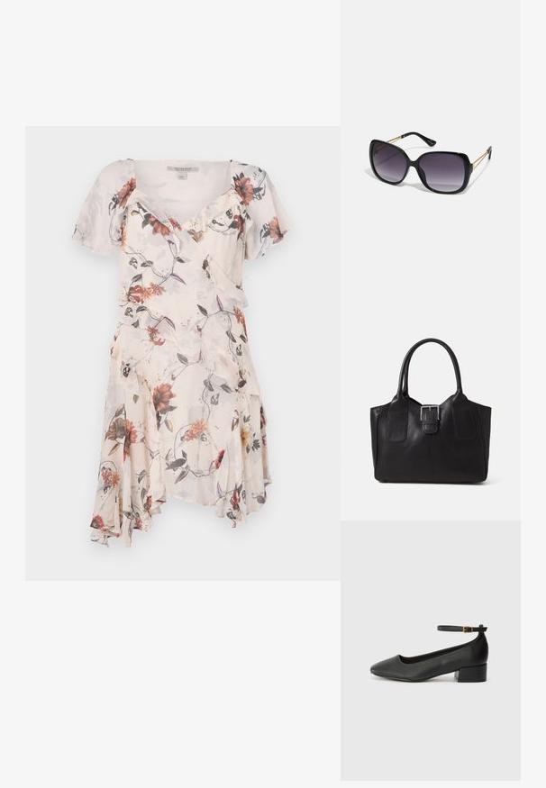Vestido floral com mangas curtas, bainha com ondas e design envolvente. O material parece leve e transparente, apresentando uma palete de cores pastel.; Sandal de pele preta com bico pontiagudo e um salto bloco baixo. Apresenta uma tira no tornozelo com uma fivela em tom dourado. Textura suave.; Óculos de sol oversized pretos com lentes degradê, armações grossas e detalhes em corrente dourada nas hastes.;  Bolsa tote de couro preta com textura suave, forma estruturada, duas alças e um destaque prateado proeminente na parte da frente.