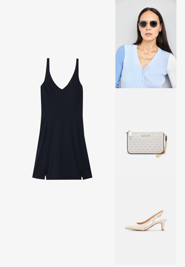 Μαύρο χωρίς μανίκια φόρεμα με V-λαιμόκοψη, φτιαγμένο από μαλακό ύφασμα. Διαθέτει ροή σχεδίασης με πλαινές σχισμές στο στρίφωμα για ενισχυμένη κίνηση.; Λευκή γόβα slingback με μυτερή μύτη, λείο υλικό επάνω, χαμηλό τετράγωνο τακούνι και σχέδιο με κοπή στο πλάι με ρυθμιζόμενο λουρί κουμπώματος.; Στρογγυλά γυαλιά ηλίου με σκούρους φακούς και χρυσά σκελετό. Το μοντέλο φοράει ένα ανοιχτό μπλε, ριχτό cardigan με κουμπιά και αντίθετους λευκούς μανίκες.; Πορτοφόλι Michael Kors σε μπεζ επεξεργασμένο καμβά με επαναλαμβανόμενο μοτίβο λογοτύπου MK, χρυσές λεπτομέρειες και αποσπώμενη αλυσίδα.