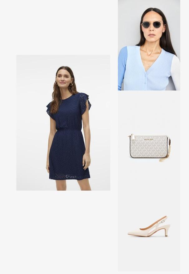 Ναυτικό μπλε φόρεμα με βολάν κοντά μανίκια, ελαστική μέση και υφασμάτινο σχέδιο που διαθέτει διαμαντένιες κοπές.; Λευκή γόβα slingback με μυτερή μύτη, λείο υλικό επάνω, χαμηλό τετράγωνο τακούνι και σχέδιο με κοπή στο πλάι με ρυθμιζόμενο λουρί κουμπώματος.; Στρογγυλά γυαλιά ηλίου με σκούρους φακούς και χρυσά σκελετό. Το μοντέλο φοράει ένα ανοιχτό μπλε, ριχτό cardigan με κουμπιά και αντίθετους λευκούς μανίκες.; Πορτοφόλι Michael Kors σε μπεζ επεξεργασμένο καμβά με επαναλαμβανόμενο μοτίβο λογοτύπου MK, χρυσές λεπτομέρειες και αποσπώμενη αλυσίδα.