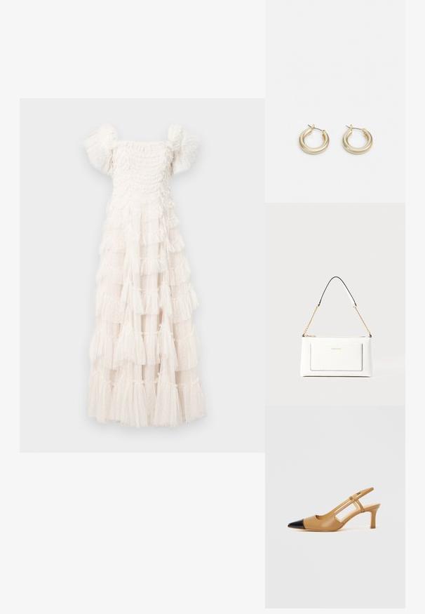 Robe blanche à étages avec un décolleté carré et des manches bouffantes. Fabriquée en tissu transparent avec des volants texturés et de petits pois sur toute la surface.; Escarpins slingback couleur fauve avec embout pointu noir, côtés découpés et talon bloc de hauteur moyenne. Matière en cuir lisse.; Sac à main en cuir blanc avec un fini texturé, doté d'une bandoulière en chaîne dorée et d'accents noirs. Comprend une poche avant et une fermeture éclair.; Lauren Ralph Lauren BASIC SMALL HOOP - Boucles d'oreilles - gold-coloured