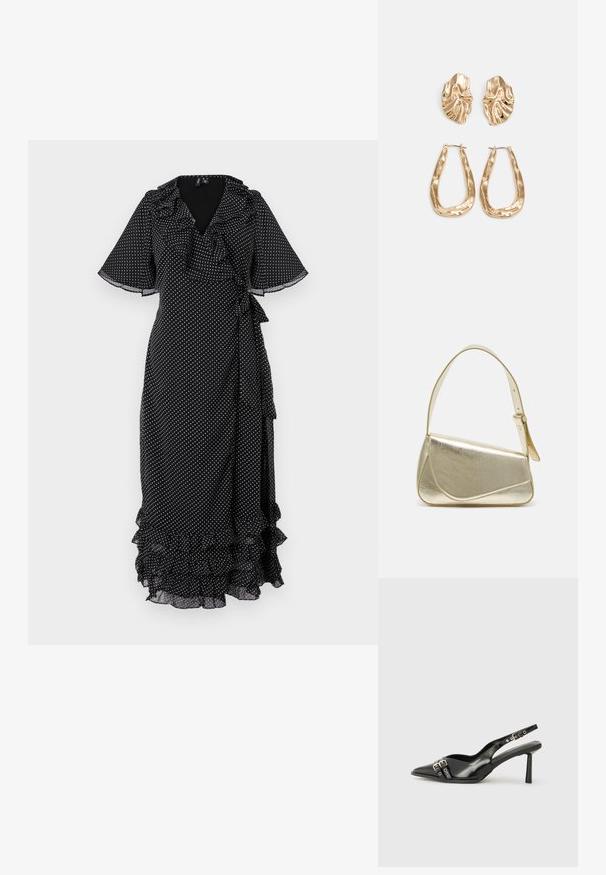 Črna obleka z rjavimi pikami in zloženim ovratnikom ter rokavi. Ima pas z vezanjem in plastne volančke na robu. Narejena je iz lahkega materiala.; Črne patentne usnjene sandale s koničastim nosom, zankami okoli gležnja s srebrnimi sponkami in opremo ter vitkimi petami.; Zlata metalna torbica z urejenim dizajnom, gladko teksturo in nastavljivim trakom. Ima edinstveno trikotno obliko in minimalistično šivanje.; Zlato obarvani uhani z teksturiranimi, valovitimi oblikami. Vključujejo skulpturalne sponke za ušesa in odprto obliko obročka s kladivastim finišem.