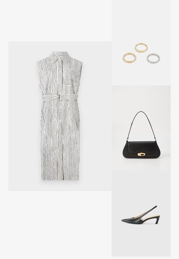 Haljina bez rukava sa vertikalnim crnim prugama na bijeloj podlozi, kopčanje sprijeda, džep na prsima i pojasom u struku.; Crne cipele s izduženim vrhom i remenom oko pete, s niskom petom, izrađene od glatke kože i s izrezbarenom stranom radi prozračnosti.; Crna kožna torba s zakrivljenim dizajnom, zlatnim detaljima i gornjom drškom. Ima elegantno zatvaranje i glatku teksturu.; Tri metalne prstenove: jedan od rose zlata, jedan od zlata s teksturiranim akcentima i jedan od srebra, svi s ugraviranim logotipom na unutarnjoj strani.