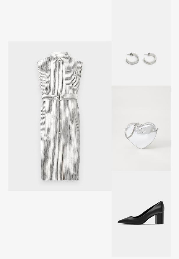 Abito senza maniche con righe nere verticali su sfondo bianco, apertura con bottoni davanti, taschino sul petto e vita con cintura.; Decolleté in pelle nera con punteggiatura e tacco quadrato spesso. Texture liscia, design semplice, adatto per ambienti formali.; Borsa a forma di cuore argento con finitura lucida, chiusura con zip e tracolla in catena argentata. Presenta il marchio "HUGO" in rilievo sul davanti.; Orecchini a cerchio in argento con una superficie liscia e una fila di piccole pietre trasparenti lungo il bordo inferiore, dotati di chiusura a perno.
