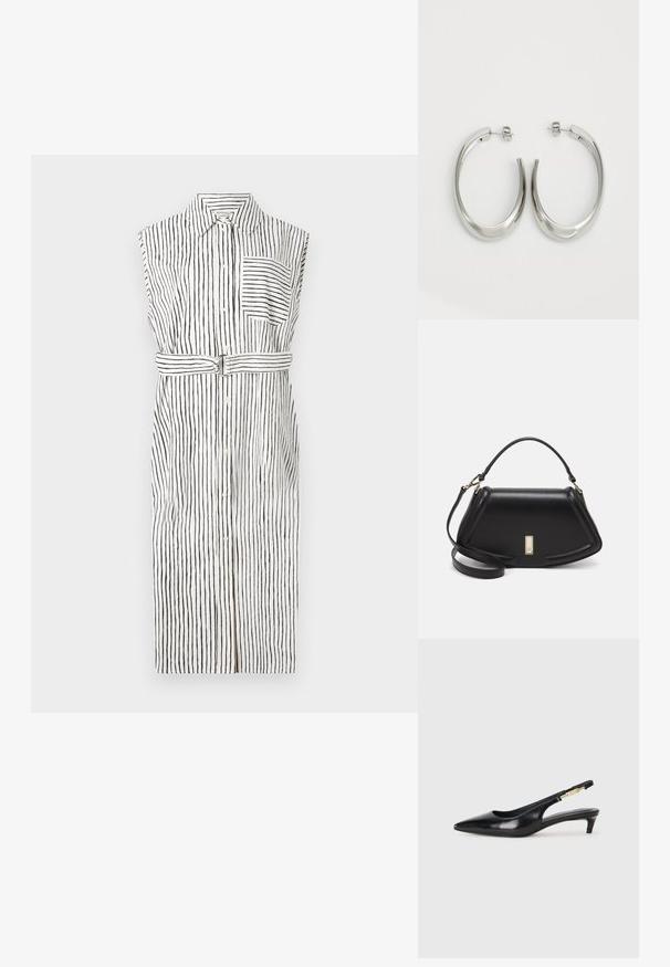 Abito senza maniche con righe nere verticali su sfondo bianco, apertura con bottoni davanti, taschino sul petto e vita con cintura.; Tacchi slingback in pelle nera con punta affusolata, caratterizzati da un tacco alto e un accento dorato sulla cinghia regolabile. Texture liscia.; Borsa a mano in pelle nera con un design strutturato, caratterizzata da una forma corta, manico superiore e accessori in metallo dorato. Inclusa tracolla regolabile.; Orecchini a cerchio argentati con un design liscio e curvo. Presentano una finitura metallica lucida e una chiusura a perno. Nessun motivo o accentuazione visibile.