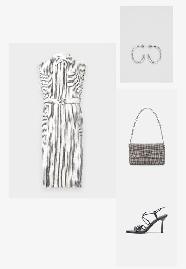 Ujjatlan ruha függőleges fekete csíkokkal fehér háttérrel, gombos elülső rész, mellzseb és övvel meghúzott derék.; Fekete magas sarkú szandálok vékony pántokkal, csomózott mintával, sima négyzetes orral és karcsú stiletto sarkal rendelkeznek.; Világosszürke fémes kézitáska lánc pánttal, kis kör alakú fém kifinomult díszítéssel és háromszög alakú márkagéppel.; Ezüst karika fülbevalók sima, fényes felülettel. Lekerekített forma, könnyű kialakítással, tűs zárómechanizmussal.