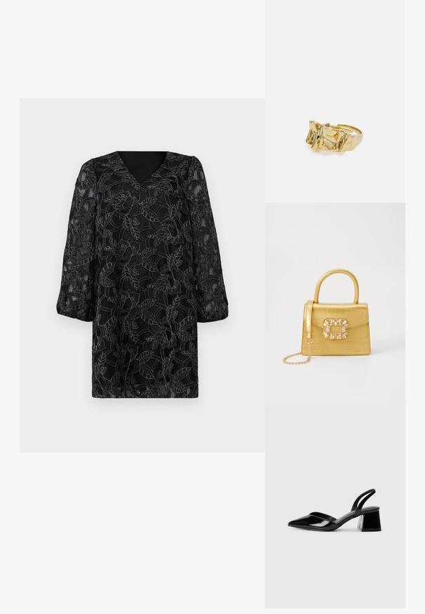 Melna kleita ar V veida kakla izgriezumu, garām pūkainām piedurknēm un puķu mežģīņu pārklājumu, kas izceļ sarežģītas lapu un ziedu rakstus. Teksturēts apdare.; Melna lakota āda ar atvērto papēdi, ar smailu purngalu un ģeometrisku blokpapēdi. Iezīmējas elegants, minimāls dizains un gluda tekstūra.; Dzeltena mākslīgā krokodila roku soma ar strukturētu dizainu, augšējo rokturi, noņemamu ķēdes siksniņu un dekoratīvām kristāla rotājumiem aizdares daļā.; Zelta gredzens ar teksturētu, viļņotu dizainu, kas rotāts ar trim izteiktām virsotnēm. Gluda, spīdīga virsma ar atvērtu joslu, lai to varētu pielāgot.