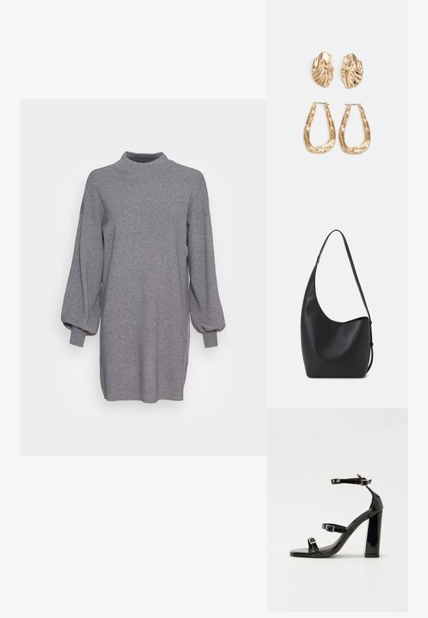 Szürke kötött ruha magas nyakkal, ballon ujjakkal és bordázott mandzsettákkal. Laza fazonjú, oldalán hasítékokkal a szabad mozgás érdekében.; Fekete lakk magas sarkú szandál négyzet alakú orral, bokapántokkal és ezüst csatokat tartalmaz. Masszív blokk sarka a stabilitásért felel.; Fekete bőr hobo táska sima textúrával, ívelt formával és egyetlen állítható pánttal; széles nyílás található a tetején.; Aranyszínű fülbevalók, texturált, hullámos formákkal. Tartalmazza a szobrászati klipszes studokat és az open hoop kialakítást, kalapácsos felülettel.