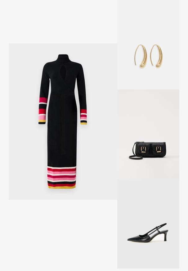 Rochie tricotată neagră cu guler înalt, design înfășurare, mâneci lungi cu accente colorate în dungi roz, roșu și galben la manșete și tiv.; Pantofi cu toc slingback negri din patent, cu vârf ascuțit, cu imprimeu de șarpe texturat, curea ajustabilă și toc scurt texturat.; Geantă neagră din piele, tip crossbody, cu două buzunare frontale, catarame aurii, închidere cu fermoar și o curea subțire. Suprafață texturată și formă rectangulară compactă.; Cercei din metal auriu, cu un design curbat și alungit. Au o suprafață netedă și strălucitoare, cu un vârf rotunjit pentru un detaliu suplimentar.