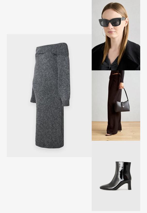 Siva pletena obleka z dizajnom brez naramnic, dolgimi napihnjenimi rokavi in rebrastimi zapestji; mehka tekstura in dolžina do sredine tele.; Črne lakirane gležnjarje z ošiljenim nosom in srednje visokim blokastim peto. Gladka tekstura in minimalističen dizajn.; Črne mačje očala s temnimi lečami, debelimi okvirji in subtilnimi detajli. Oblečena z črnim plaščem in sivim zgornjim delom, z dolgimi ravnimi lasmi.; Črna torbica z strukturirano obliko, gladko teksturo in kovinskim zaponko. Ujemajo se z širokimi črnimi hlačami in odprtimi sandali na lesenem tleh.