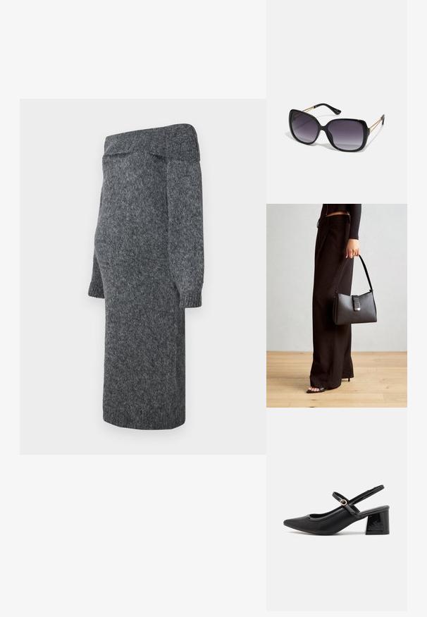 Vestido cinza de malha com um design à mostra os ombros, mangas longas bufantes e punhos canelados; textura suave e comprimento até a meia-perna.; Sabrinas de cerâmica preta com salto bloco, bico apontado e um design com recortes arredondados. Apresenta um detalhe em fivela de tom dourado.; Óculos de sol oversized pretos com lentes degradê, armações grossas e detalhes em corrente dourada nas hastes.; Bolsa preta com forma estruturada, textura suave e um fecho metálico. Combinada com calças largas pretas e sandálias de salto aberto sobre um chão de madeira.