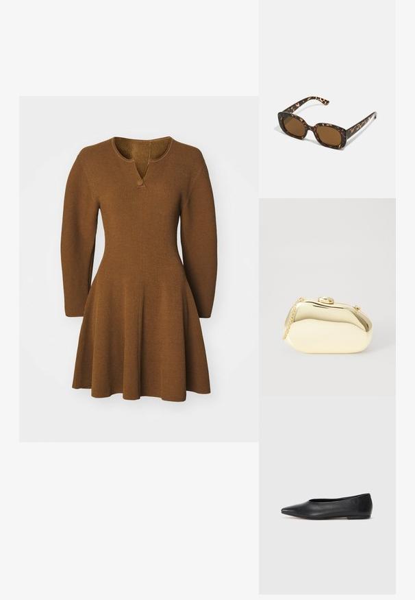 Brun stickad klänning med en något utställd kjol, långa ärmar och en V-ringning med en enda knappdetalj. Texturerad ribbad tyg.; Svart läderballetflat, spetsig tå, minimalistisk design, slät textur, låg klack, ingen synlig hårdvara eller utsmyckningar.; Sköldpaddsmönstrade solglasögon med en rund, kraftig ram och bruna linser. Har subtila mönster och raka, avsmalnande skalmar.; Metallisk guldclutch med en slät, rund form, som har en knappstängning på toppen och ett litet kedjehandtag för bärande.