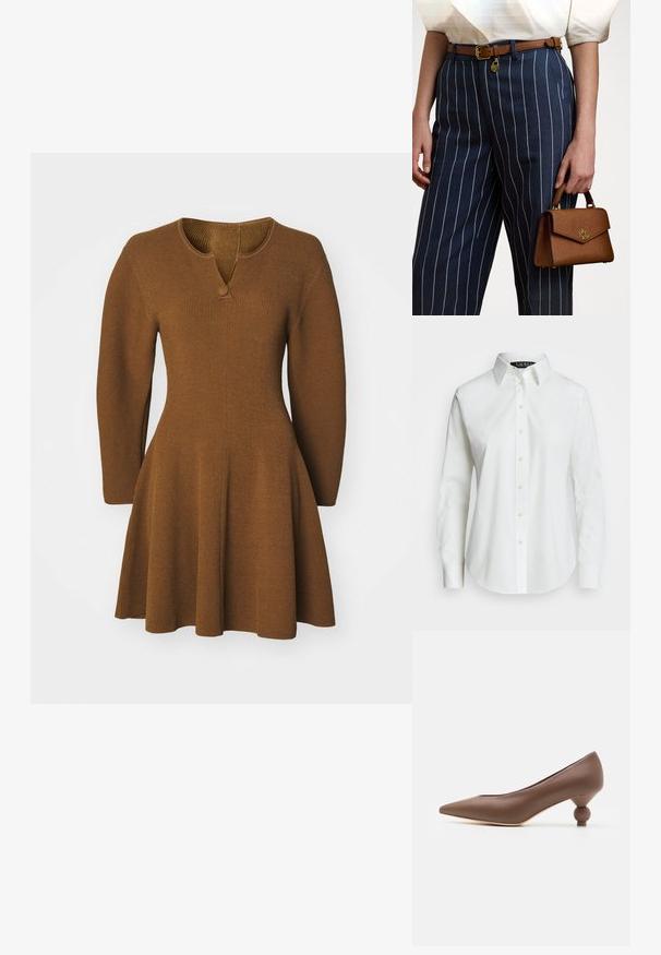 Robe en tricot marron avec une jupe légèrement évasée, des manches longues et un décolleté en V avec un détail de bouton unique. Tissu texturé côtelé.; Chemise blanche à manches longues avec boutons en coton. Elle présente un col classique, sept boutons et un logo subtil brodé sur la poitrine.; Escarpin en cuir marron à bout pointu avec un talon en forme de boule arrondie. Texture lisse, design épuré et détails minimalistes.; Sac à main marron texturé avec des accessoires en or, tenu à côté d'un pantalon rayé bleu marine avec des lignes verticales blanches. Design simple et structuré.
