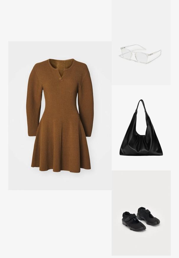 Rjava pletena obleka z rahlo razširjenim krilom, dolgimi rokavi in v-izrezom, ki ima en sam gumb kot podrobnost. Teksturirana rebrasta tkanina.; Črne vodne čeveljce, izdelane iz fleksibilnega blaga, z Velcro trakom, ki se ponašajo z edinstvenim dizajnom razdeljenega prsta in teksturirano gumo podplata za boljši oprijem.; CHPO ZEBBE UNISEX - Očala s filtrom modre svetlobe - transperent; Črna usnjena hobo torba z mehko, ukrivljeno obliko. Ima širok zgornji ročaj in gube na dnu, kar daje torbi udoben izgled.