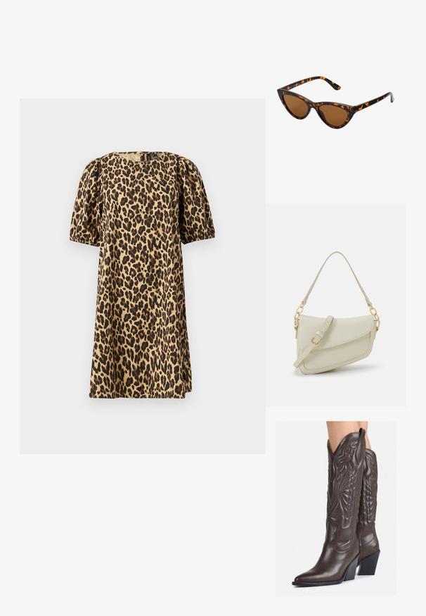 Šaty s leopardím vzorom vyrobené z hladkej látky. Majú okrúhly výstrih, nafúknuté krátke rukávy a siluetu s A-čkovým strihom. Farby zahŕňajú pieskovú a čiernu.; Hnedé kožené kovbojské topánky s špicatou špičkou a blokovým podrážkou, so zložitým prešívaním a vyvýšenými akcentmi na puzdre.; Mačacie slnečné okuliare s čiernym a oranžovým želvovinovým rámom, hnedými sklami a elegantnými, špicatými koncami. Obsahujú minimalistické logo na spánku.; Malá krémová kabelka s textúrovaným povrchom, dlhým nastaviteľným popruhom, reťazovým detailom a klopovým uzáverom. Zlaté kovové prvky.