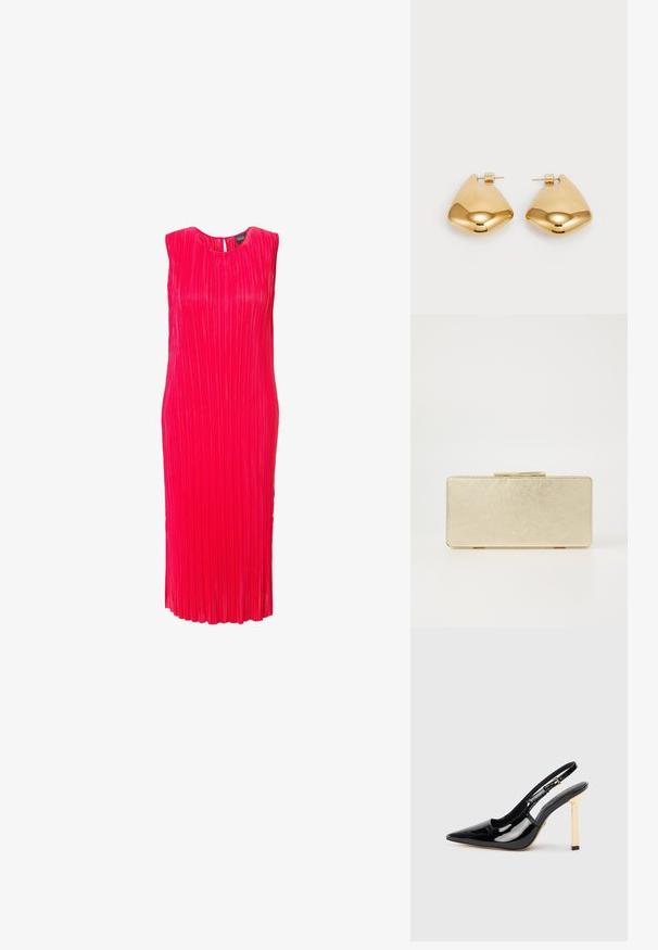 Robe sans manches rose plissée avec un col rond, texture lisse et silhouette arrivant au genou. Le tissu présente des lignes verticales.; Chaussure à talon haut en cuir verni noir, à bout pointu et avec un accent de talon carré doré. Comprend une bride ajustable à la cheville.; Porte-monnaie en or avec une finition métallique lisse, de forme rectangulaire et avec un fermoir simple. Pas de motifs ou de décorations visibles.; Boucles d'oreilles en métal doré avec une forme triangulaire lisse et arrondie et un design à attache de tige ; surface réfléchissante avec un minimum de détails.