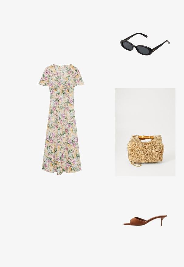 Blommig klänning med korta ärmar, V-ringning och en flödande silhuett. Gula, rosa och gröna blomster mönster på krämfärgad tyg.; Bruna mocka öppna tåhälar med en böjd design, som har en låg stilettklack och släta, minimalistiska linjer.; Svarta överdimensionerade solglasögon med ovala linser, slät plastbåge och guldaccent på bågarna. Mörka linser ger solskydd.; Vävd halmhandväska med bambuhandtag, med en texturerad fransdesign i naturlig beige och en guldkedjestraps.