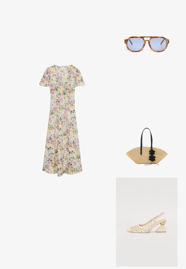 Blomstret kjole med korte ærmer, v-udskæring og en svømmede silhuet. Gule, pink og grønne blomstermønstre på cremefarvet stof.; Beige slingback sko med perforeret overdel, spids tå og en kontrasterende trekantet hæl med en guldfarvet detalje. Glat tekstur generelt.; Skildpadde-solbriller med blå linser, vinkelret design, tykk ramme og næsebryggeudskæring; har guldaccent på stængerne.; Stråhåndtaske med et bredt, fanformet design, sorte læderhåndtag og sorte blomsterdetaljer på den ene side.