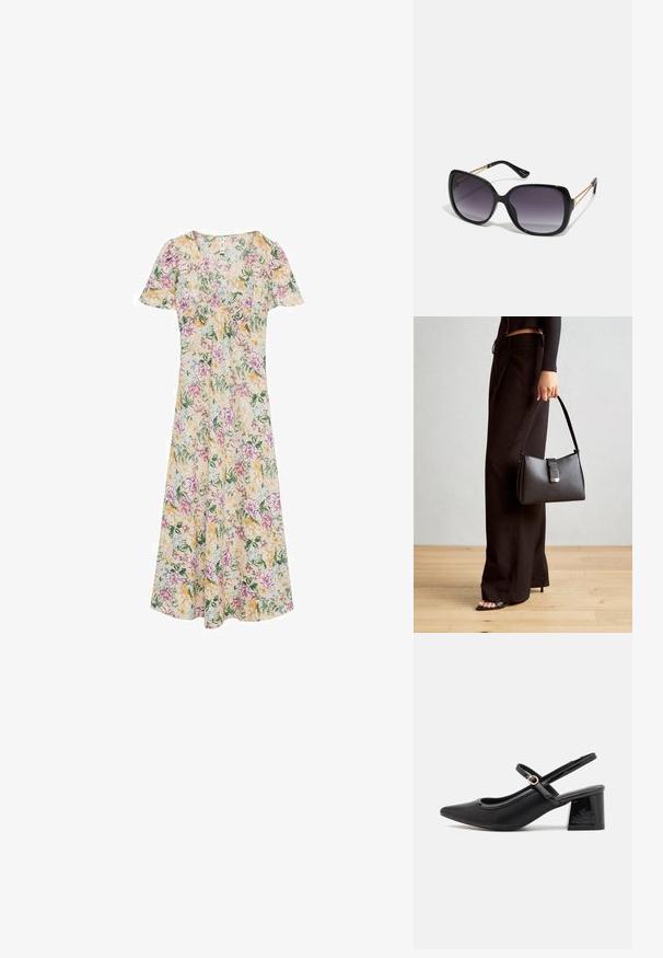 Květinové šaty s krátkým rukávem, výstřihem do V a volným střihem. Žluté, růžové a zelené květinové vzory na krémové látce.; Černé lakované lodičky s otevřenou patou, špičatou špičkou, zaobleným střihem a blokovým podpatkem. Zdobené akcentem v zlatém tónu.; Černé oversized sluneční brýle se gradientními skly, silnými rámy a zlatými řetízkovými detaily na nožičkách.; Černá kabelka se strukturovaným tvarem, hladkým povrchem a kovovým uzávěrem. Kombinována s širokými černými kalhotami a sandály s otevřenou špičkou na dřevěné podlaze.