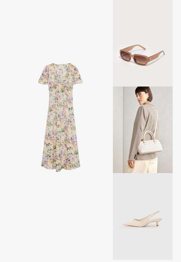 Floral dress featuring short sleeves, a v-neckline, and a flowing silhouette. Yellow, pink, and green floral patterns on cream fabric.; Pointed-toe slingback shoes in off-white leather, featuring a small bow detail and a low kitten heel. Smooth texture, minimalist design.; Brown rectangular sunglasses with gradient lenses, thick frames, and a logo detail on the side. Smooth plastic material, minimal design.; White structured handbag with short handles and a shoulder strap, featuring gold hardware accents and textured material, displayed against a grey background.