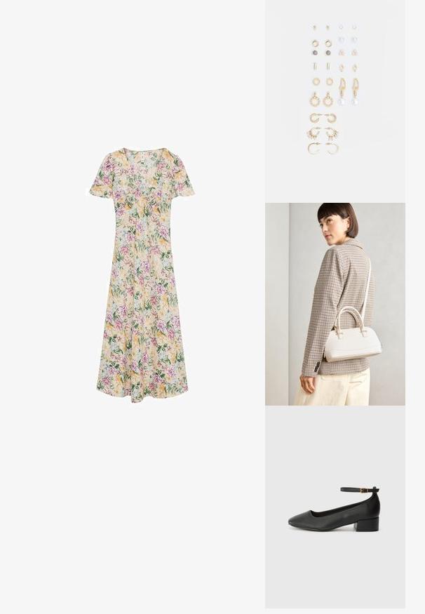 Blomstret kjole med korte ærmer, v-udskæring og en svømmede silhuet. Gule, pink og grønne blomstermønstre på cremefarvet stof.; Sorte læderpumper med spids tå og en lav blokhæl. Har en ankelrem med en guldfarvet spænde. Glat tekstur.; Hvid struktureret taske med korte håndtag og en skulderrem, prydet med guldfarvede hardwaredetaljer og tekstureret materiale, præsenteret mod en grå baggrund.; Sæt af guldfarvede øreringe med forskellige designs, herunder studs, hoops og hængende modeller med perler og rhinsten.