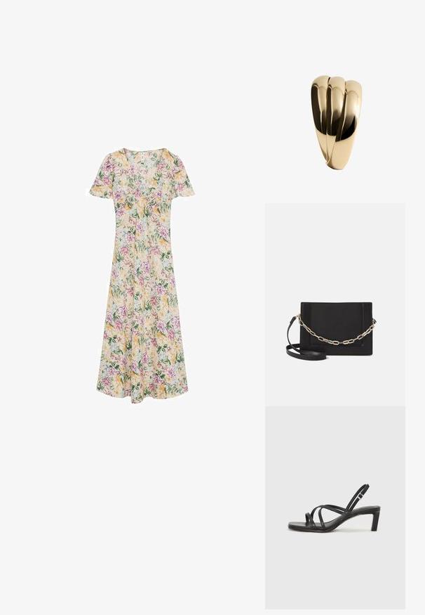 Kvetinové šaty s krátkymi rukávmi, výstrihom do V a splývavým strihom. Žlté, ružové a zelené kvetinové vzory na krémovej látke.; Čierne sandále na vysokom podpätku so štvorcovou špičkou a nízkym blokovým podpätkom. Obsahujú viacero tenkých popruhov a nastaviteľný členkový popruh. Vyrobené z hladkej kože.; Čierna kožená crossbody taška s hladkou textúrou, obdĺžnikovým tvarom a kovovým reťazovým detailom na prednej strane. Súčasťou je nastaviteľný popruh.; Mango Náramok - gold-coloured