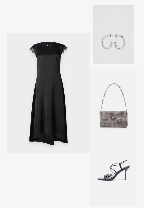Juoda suknelė su trumpomis rankovėmis, švelniu satino paviršiumi, prigludusia liemene, asimetrine apatine dalimi ir subtiliais nėrinių akcentais rankovėse.; Juodos aukštakulnės sandalai pasižymi plonyčiais dirželiais su mazgo dizainu, lygiu kvadratiniu pirštu ir elegantišku stiletto kulnu.; Šviesiai pilka metalinė rankinė su grandinėlės dirželiu, papuošta mažais apvaliais metaliniais smeigėmis ir trikampiu prekės ženklu.; Sidabrinės auskarai žiedai su lygiu, blizgiu paviršiumi. Suapvalinta forma, lengvas dizainas, su uždarymu ant smeigtuko.