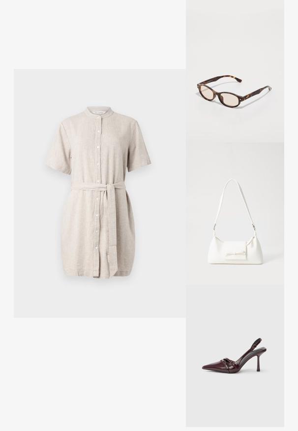 Linane särgidress heledas beežis, lühikesed varrukad, nööpidega esiosa, mandariini krae, seotud vööd ja veidi lõtv istuvus.; Burgundia lakknahast slingback-kontsaga kingad terava nina, õhukese pahkluu rihma ja väikese dekoratiivse pandlaga. Sile tekstuur ja kõrge konts.; Kilpkonnakilbi prillid, millel on ümmargune kuju ja heledad läätsed. Omab tugevaid varsi, millel on väikesed kuldsed aktsendid, valmistatud plastmaterjalist.; Valge sünteetilisest materjalist kott kolmnurkse kujuga, lame esiklapiga ja kaaredetailiga, reguleeritava rihmaga, sileda tekstuuriga ja minimalistliku disainiga.