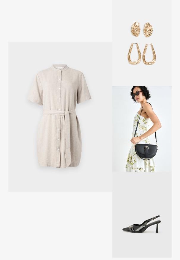 Linskjorte i lys beige, korte ermer, knappestolpe foran, mandarin krage, knyttet midjebelte, og litt løs passform.; Sorte patentlær slingback-sko med spiss tå, ankelremmer med sølvspenner og detaljer, og en slank hæl.; Svart lærveske med en buet form, avtagbar stropp og gullbeslag. Vesken har et klaff med spenne-detall.; Gullfargede øredobber med teksturerte, bølgete former. Inkluderer skulpturelle klipsstuds og åpen hoop-design med en hamret finish.