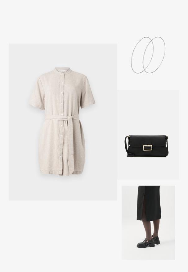 Sukienka koszulowa z lnu w jasnym beżu, krótkie rękawy, zapięcie na guziki z przodu, kołnierzyk mandarynki, wiązany pasek w talii oraz lekko luźny krój.; Czarne skórzane buty z okrągłym noskiem, grubym blokowym obcasem i elastycznymi akcentami po bokach, zestawione z ciemnymi rajstopami i czarną spódnicą z rozcięciem.; Czarna skórzana torebka kopertowa z klapką i detalem w postaci złotej metalowej klamry. Zawiera czarny pasek oraz elegancki, minimalistyczny design.; Srebrne kolczyki w formie obręczy o minimalistycznym designie. Okrągły kształt, gładka faktura i cienki profil. Lekkie, z polerowanym wykończeniem.
