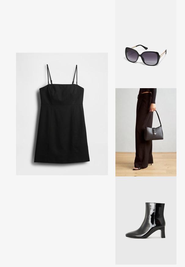 Rochie mini neagră fără mâneci, cu bretele subțiri și ajustabile, având un corset croi strâmt, pe un fundal alb simplu.; Botine negre din piele lacuită, cu vârful ascuțit și toc bloc de înălțime medie. Textură netedă și design minimalist.; Ochelari de soare negri, supradimensionați, cu lentile degradate, rame groase și detalii cu lanț de ton auriu pe brațele templului.; Genți negre cu o formă structurată, textură netedă și un închizător metalic. Asortată cu pantaloni negri largi și sandale cu vârf deschis pe un podea din lemn.