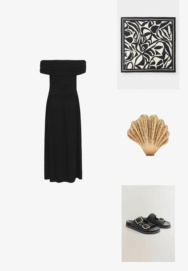 Robe maxi noire décolletée avec un corsage froncé et une jupe fluide, fabriquée dans un tissu doux au toucher lisse et dotée d'une ceinture élastique.; Sandales en suedine noire avec deux larges courroies et boucles en or, une semelle plate et un design ouvert au niveau des orteils. Texture lisse avec des accents de quincaillerie contrastants.; Foulard rectangulaire noir et crème présentant un motif de feuilles abstrait avec des lignes audacieuses, fini avec une bordure contrastante. Texture lisse.; Pièce décorative en forme de coquillage de couleur or, avec une surface texturée et un design strié, dotée d'une base plate pour la stabilité.; Collier en perles de culture avec des perles blanches brillantes, comportant un pendentif en forme de broche de sécurité en ton argent orné de strass clairs. Fermeture à mousqueton.