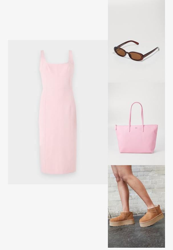 Vestido sem mangas de um rosa pálido, com decote quadrado, corpete fitted e detalhes de costura verticais, afunilando até uma bainha na altura do joelho. Textura suave.; Botas de cano baixo em camurça castanha com um forro felpudo, sola de plataforma espessa em bege e puxador na parte de trás. Superfície texturizada com detalhes de costura visíveis.; Óculos de sol redondos, com uma tonalidade castanha e uma armação glossy em bordeaux. Braços finos com um detalhe discreto de marca. Design de lentes planas.; Saco tote rosa feito de material texturizado, com duas alças longas e um logótipo estampado na frente. Fecho superior com zíper.