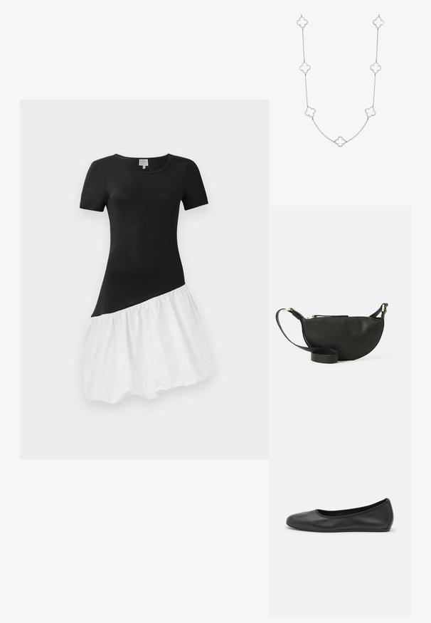 Mekko musta-valkoisena, jossa on lyhyet hihat, tiukka musta yläosa ja levenevä valkoinen helma. Helmassa on laskeutuva rakenne.; Musta nahkainen ballerina, jossa on pyöristetty kärki, sileä pinta, minimaalinen ommelkoristelu ja joustava pohjamuotoilu.; Mustikkavärinen nahkainen crossbody-laukku, jossa on puolikuun muoto, teksturoitu pinta, kultainen vetoketju ja litteä olkahihna. Kompakti muotoilu, joka sopii välttämättömyyksille.; Hopeaketju, jossa on vuorotellen nelilehtisiä linkkejä, joiden keskellä on avoimet osat, sileä pinta ja herkkä muotoilu.