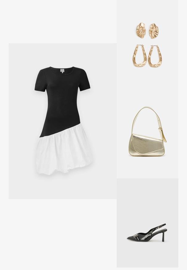 Vestido preto e branco com mangas curtas, parte superior preta ajustada e saia branca rodada. A saia apresenta uma textura franzida na bainha.; Sapato slingback preto em pele patentada com bico apontado, tiras no tornozelo apresentando fivelas e acessórios prateados, e um salto elegante.; Bolsa de mão metálica dourada com um design estruturado, textura suave e alça ajustável. Apresenta uma forma triangular única e costura minimalista.; Brincos em tom de ouro com formas onduladas e texturizadas. Inclui studs escultóricos com presilha e um design de argola aberta com um acabamento martelado.