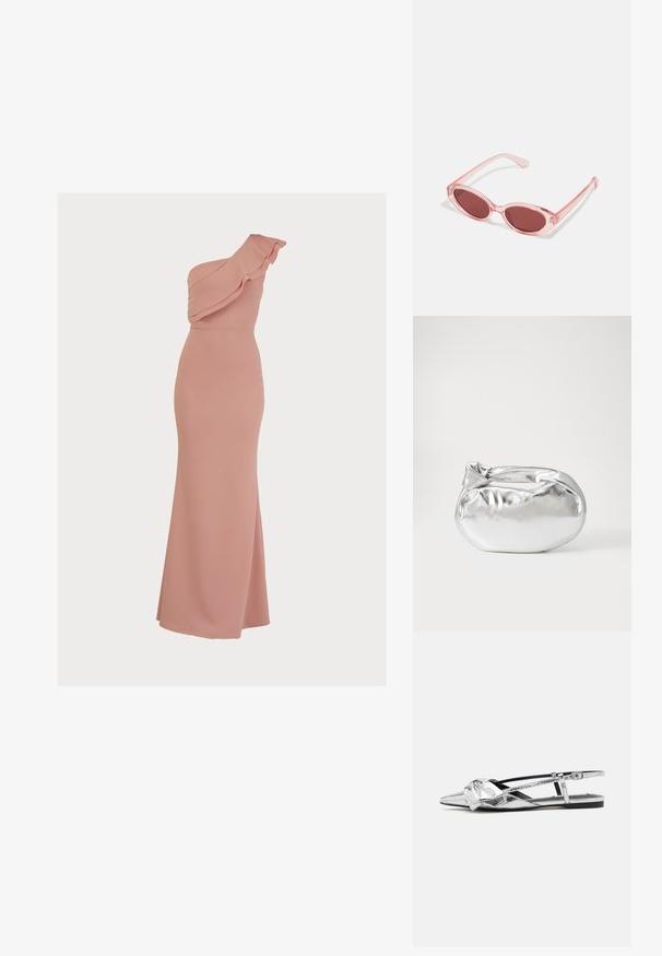 Vienos peties, rožinė maksi suknelė su volaniniu apykakle, prigludusia kūno dalimi ir glotnia, elastinga medžiaga. Suknelė ilga iki grindų su nedideliu šoniniu įpjovimu.; Sidabriniai metaliniai slingback balerinos su smailiu pirštu, su mazgu priekyje ir reguliuojama juosta, užtikrinančia tvirtą prigludimą.; Rožinės permatomos saulės akinių su ovaliais objektyvais, tamsiai raudonu tonu ir siaurais šonais, kurie pasižymi glotnia danga ir subtiliomis detalėmis ant rėmo.; Sidabrinė metalinė maišelio forma su švelnia, apvalia forma ir mazgu užveriamu viršumi. Pagaminta iš lygios dirbtinės odos medžiagos.