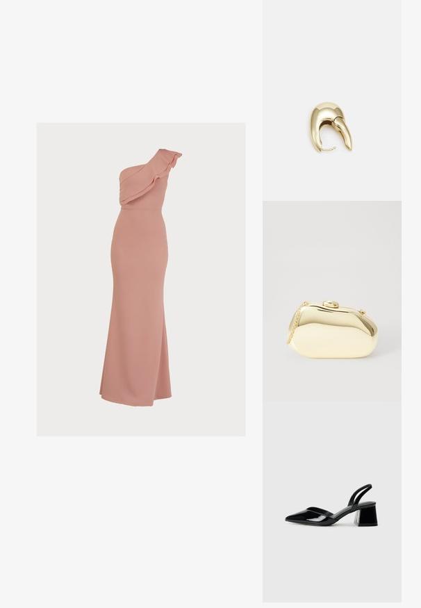 Roza maksi obleka z enim ramenom in nabranim ovratnikom, prilegajočim bodijem ter gladkim in elastičnim materialom. Dolga do tal z rahlim stranskim razporkom.; Črne lakirane slingback pete s koničastim nosom in geometrijsko blokasto peto. Imajo eleganten, minimalističen dizajn in gladko teksturo.; Metalna zlata torbica z gladko, zaobljeno obliko, opremljena z zgornjim gumbom in majhnim verižnim ročajem za nošenje.; Uhane nakit iz zlatastega tona z gladko, ukrivljeno zasnovo. Ima edinstveno koničasto obliko, polirano površino in zaponko s tečajem.