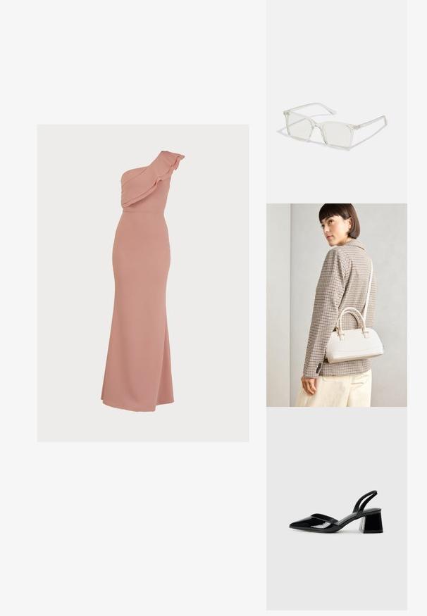 Ein ärmelloses, pinkes Maxikleid mit Rüschen am Ausschnitt, figurbetontem Oberteil und glattem, dehnbarem Stoff. Fußlang mit einem leichten Seitenschlitz.; Schwarze Lackleder-Slingback-High Heels mit spitzem Schuh und einem geometrischen Blockabsatz. Verfügt über ein schlankes, minimalistisches Design und eine glatte Textur.; Klare, quadratische Kunststoffbrillen mit durchsichtigen Gläsern, die goldene Akzente an den Bügeln für zusätzliche Details aufweisen.; Weiße strukturierte Handtasche mit kurzen Griffen und einem Schultergurt, ausgestattet mit goldfarbenen Hardware-Elementen und strukturiertem Material, vor einem grauen Hintergrund präsentiert.