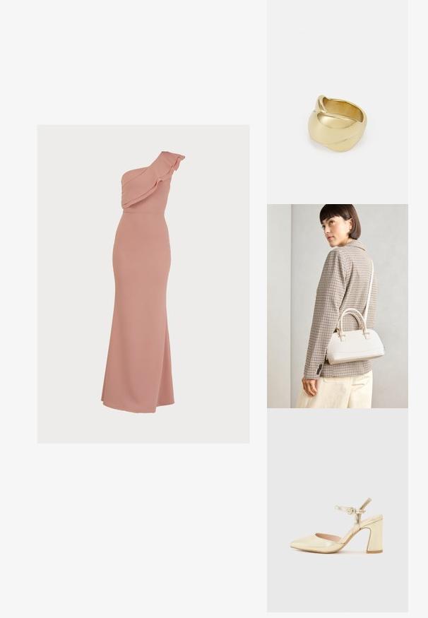 One-shoulder, pink maxi dress with a ruffled neckline, fitted bodice, and smooth, stretchy fabric. Floor-length with a slight side slit.; Gold metallic heeled shoe with a pointed toe, an ankle strap featuring a circular clasp, and a chunky heel design. Smooth texture.; White structured handbag with short handles and a shoulder strap, featuring gold hardware accents and textured material, displayed against a grey background.; Gold-colored ring with a smooth, twisted design. Features a polished surface and rounded edges, creating a seamless, fluid shape.