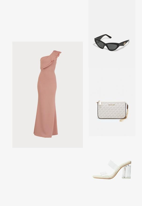 Egyszer vállpántos, rózsaszín maxi ruha, fodros nyakkivágással, illeszkedő fazonnal és sima, elasztikus anyagból készült. Padlóhosszú, enyhén oldalsó hasítékkal.; Átlátszó pántokkal, bézs talpbetéttel és vastag, átlátszó tömbsarokkal rendelkező, áttetsző sarokkal készült szandálok. Simább, letisztult dizájn, minimalista esztétikával.; Macska szemformájú napszemüveg matt fekete műanyag kerettel, sötét lencsékkel és arany logóval a szárán. Szögletes kialakítás és sima felület.; Michael Kors bézs bevonatos vászon karkötő, amely ismétlődő MK logó mintával, aranyszínű fémrészletekkel és levehető lánchordóval rendelkezik.