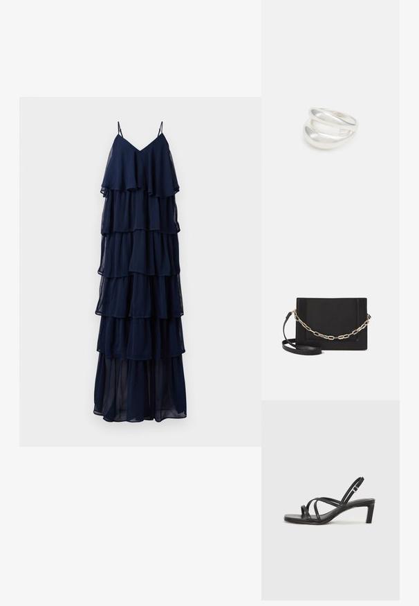 Marinblå lager-på-lager maxikjol med justerbara spagettiremmar. Tillverkad av lättviktig tyg, med lager av volanger och en flödande silhuett.; Svart sandaler med remmar och fyrkantig tå samt låg blockklack. Har flera tunna remmar och en justerbar ankelrem. Tillverkad av mjukt läder.; Svart läder crossbody-väska med en slät yta, rektangulär form och metallickedjedetalj på framsidan. Justerbar rem ingår.; Silver ring med dubbel band och en slät, polerad yta. Har en flödande, böjd design med överlappande sektioner för en modern stil.