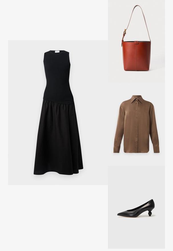 Marella YACTH czarny; Brązowa, długosleeve koszula z guzikami, z ostrym kołnierzykiem i mankietami, prezentowana na jednolitym białym tle.; Czarna skórzana szpilka z ostrym czubkiem i okrągłym, kulistym obcasem. Gładka tekstura z eleganckim, minimalistycznym wzornictwem.; Brązowa skórzana torebka w kształcie wiadra z regulowanym paskiem na ramię i złotą klamrą, prosta pionowa szew na przodzie.