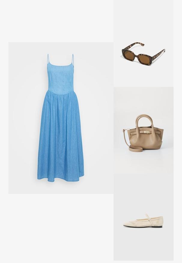 Gaiši zils šambra kleita ar plānām regulējamām siksnām, pieguļoša korpusdaļa un plūstoša svārku daļa ar saplacinātu vidukli, lai pievienotu apjomu.; Bēža baleta kurpes ar smailu purngalu, pārklātas ar sietu, un ar sānu sprādzi. Plakana zole ar gludu tekstūru.; Tērpu apvalka saulesbrilles ar noapaļotu, masīvāku rāmi un brūnām lēcām. Satur smalkas rakstības un taisnas, sašaurinātas kājas.; Kasta ādas rokassoma ar divām rokturiem un noņemamu plecu siksnu. Ar zelta krāsas aizdari un teksturētu virsmu.