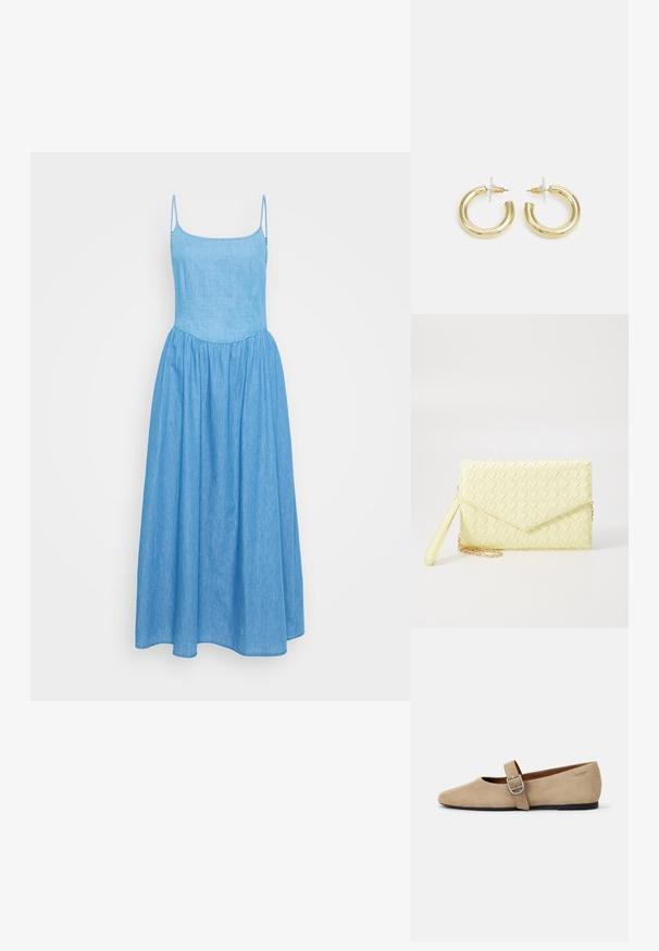 Šviesiai mėlyna šambrė su plonomis reguliuojamomis petnešomis, prigludusia liemene ir laisvai krentančia suknele su surinktu liemeniu, kad suteiktų papildomą apimtį.; Bežiniai zomšiniai Mary Jane balerinos su smailiu pirštu ir viena reguliuojama juosta su sidabriniu užsegimu. Juoda plokščia padas.; Geltona audinė piniginė su užsegimu, nuimamą rankinę juostą ir auksinį akcentą. Lygi tekstūra ir stačiakampis forma.; Aukso auskarai su lygiu, blizgiu paviršiumi. Apvalus dizainas su maža užrakto dalimi ir skaidria atrama saugiam nešiojimui.